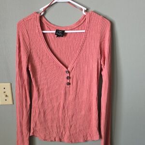 Ribbed V-Neck Henley Long-Sleeve Top — Coral